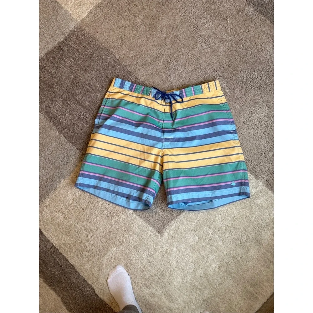 Brooks‎ Brothers 346 Mens XL Swim Trunks Striped Board Shorts Yellow Blue Green